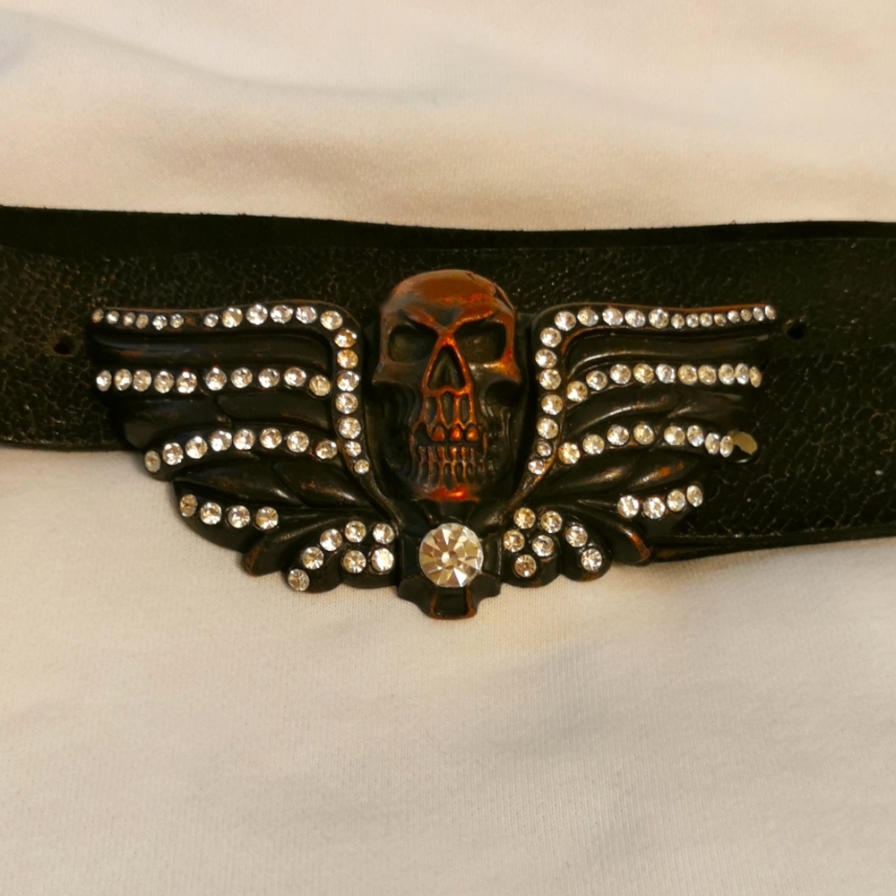 Belt and belt buckle. Washed Up Hollywood. Brass, black, and crystal.
